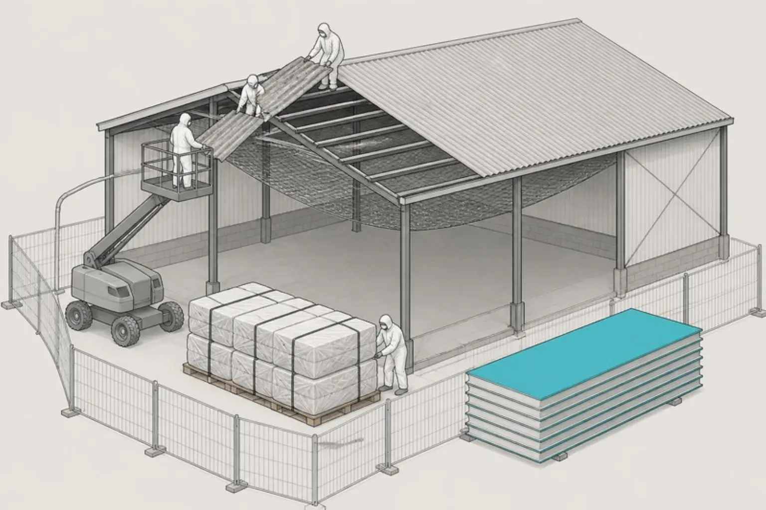 Illustrazione della rimozione di una copertura in cemento-amianto su un capannone: lastre imballate su pallet, piattaforma aerea, reti di sicurezza e area recintata