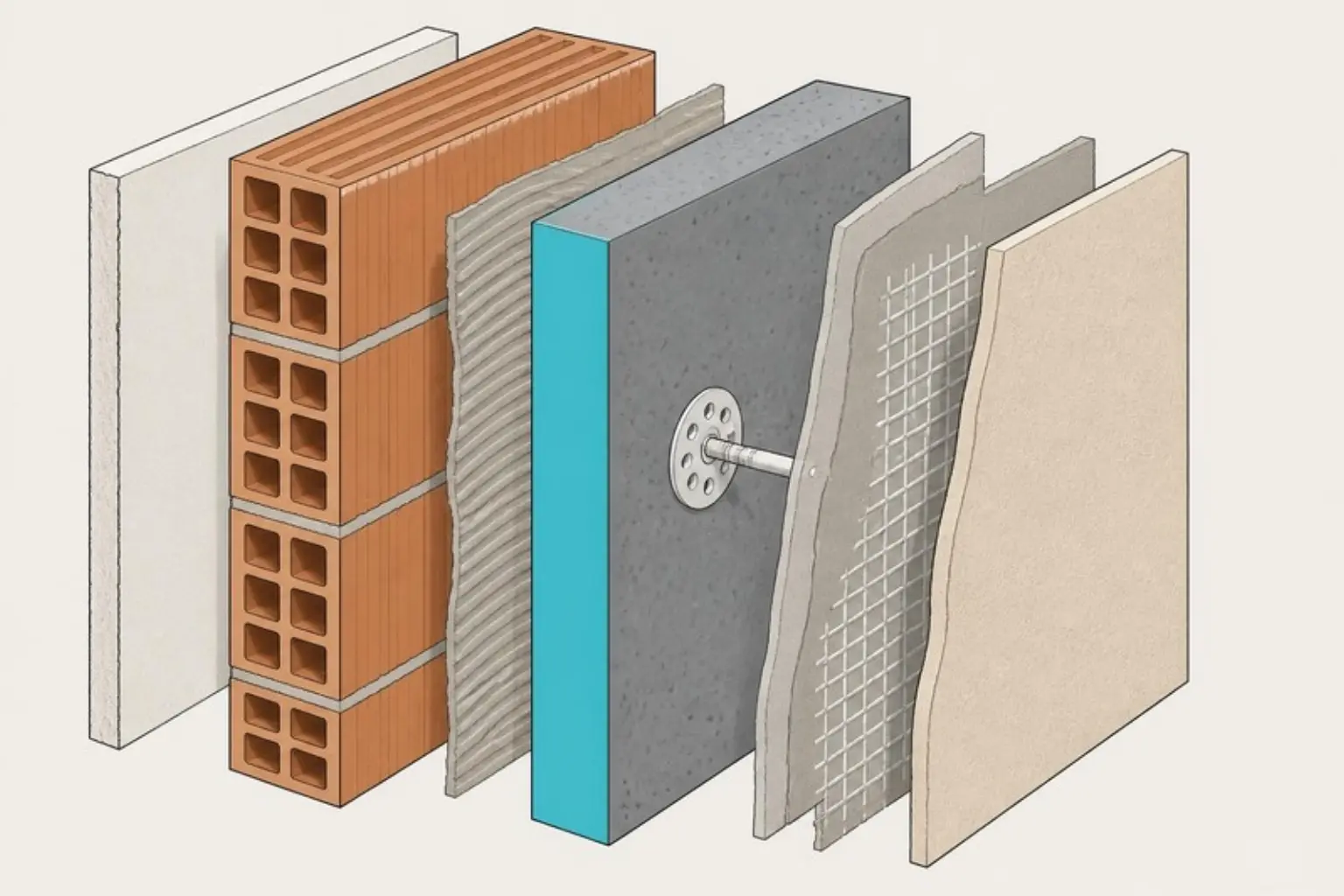 Illustrazione esplosa degli strati di un cappotto termico su un muro in laterizio: intonaco, mattone, collante, pannello isolante, tassello, rete e finitura