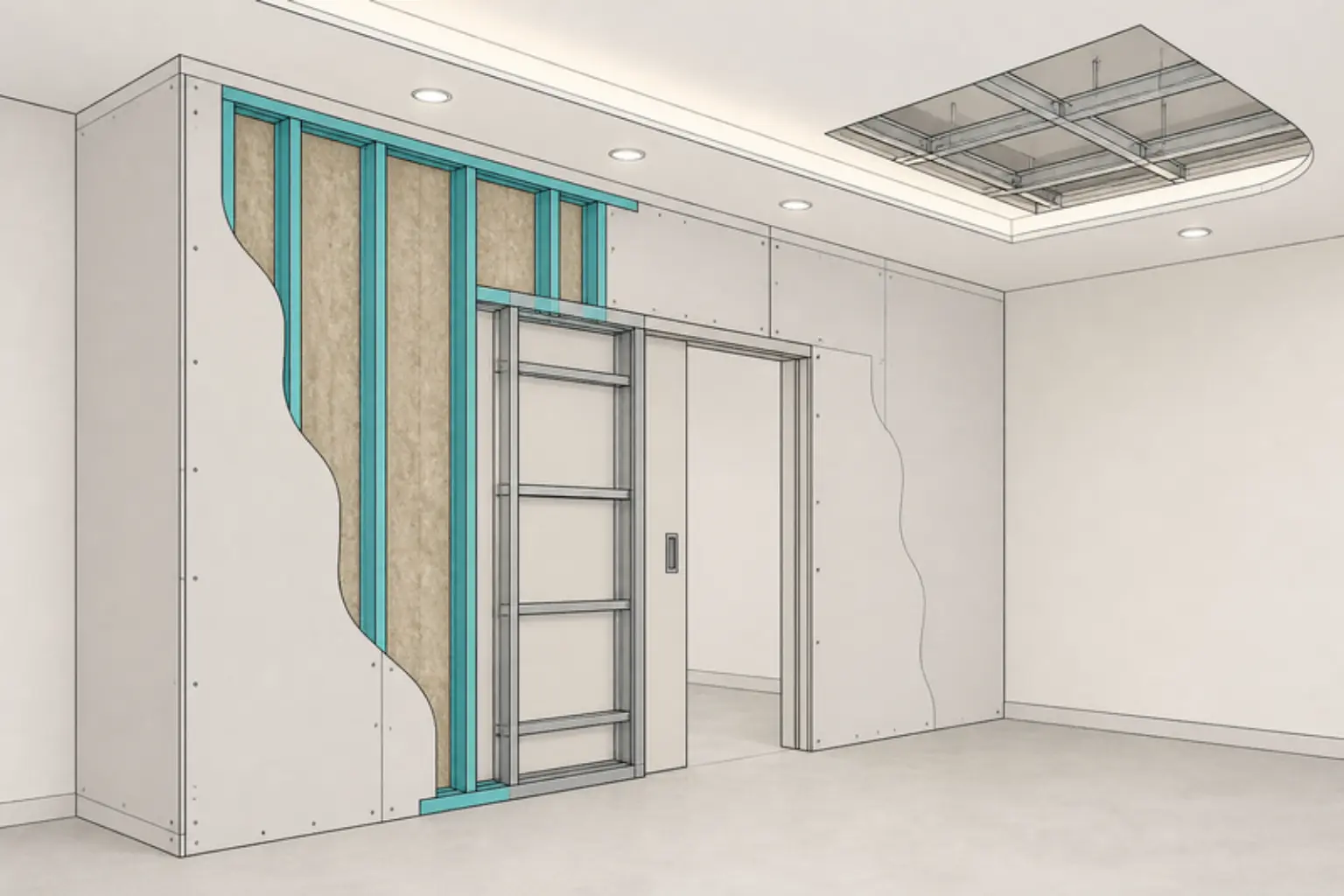 Illustrazione di una parete in cartongesso aperta: profili in acciaio zincato, isolante in lana minerale, lastre sui due lati e il controtelaio di una porta scorrevole a scomparsa; sopra, un controsoffitto con faretti LED e la struttura metallica in vista