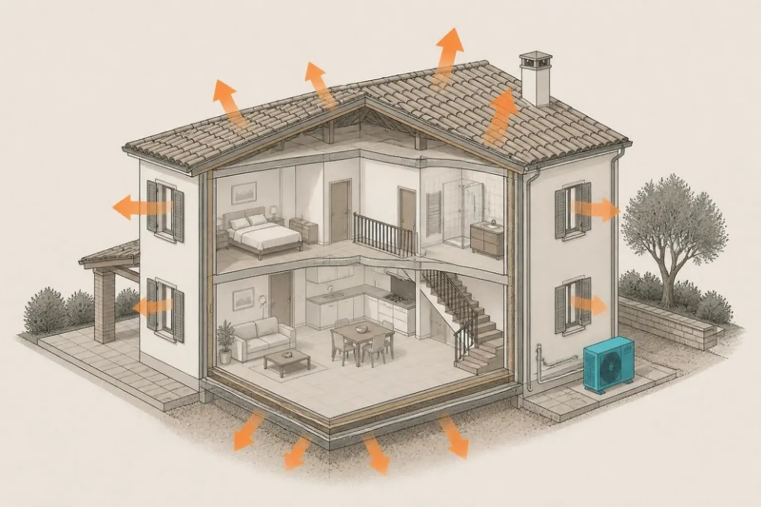 Illustrazione di una casa a due piani in sezione con le frecce del calore che esce da tetto, pareti e finestre e una pompa di calore esterna