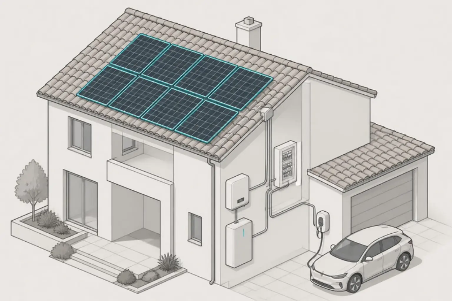 Illustrazione di una casa con pannelli fotovoltaici sul tetto a falde, inverter e batteria sul muro del garage e una wallbox per l'auto elettrica