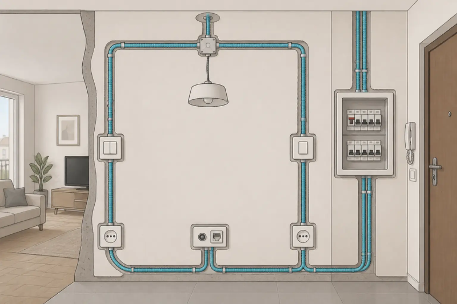 Illustrazione di una parete di casa in sezione con i tubi corrugati nelle tracce, le scatole, interruttori e prese, un punto luce a soffitto e il quadro elettrico con gli interruttori differenziali