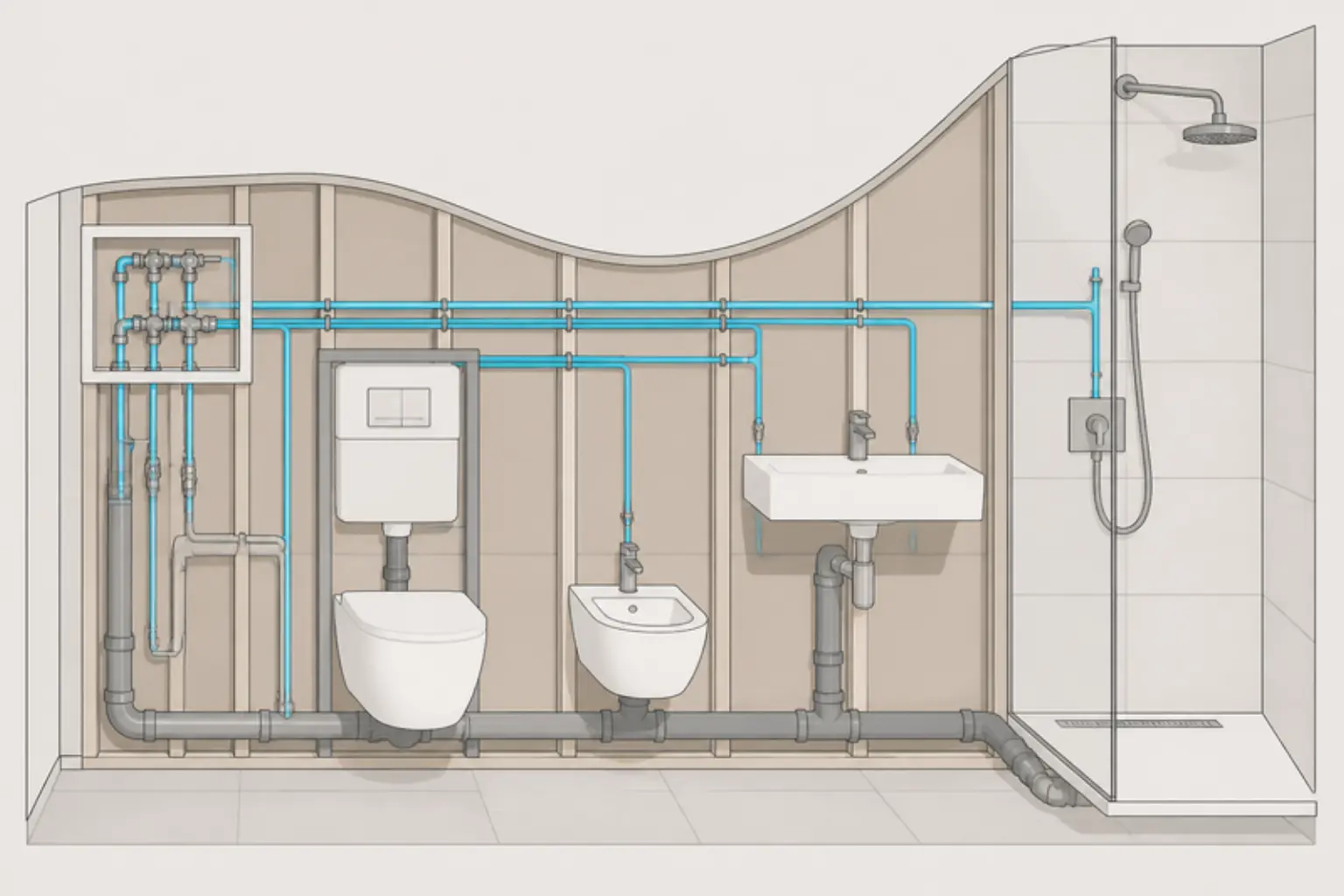 Illustrazione della parete di un bagno in sezione con i tubi dell'acqua calda e fredda e gli scarichi che dal collettore con le valvole arrivano a WC sospeso, bidet, lavabo e doccia