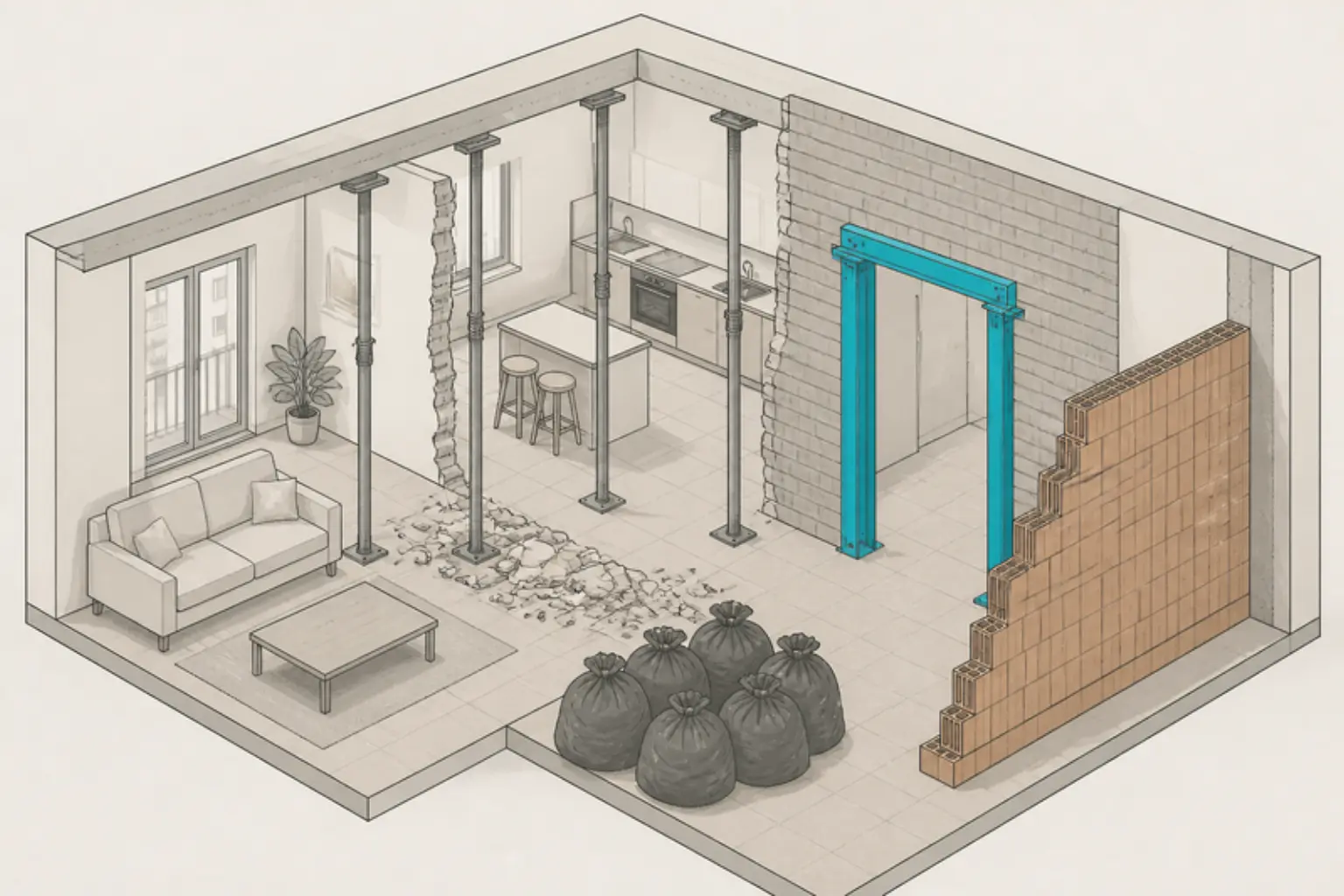 Illustrazione di un appartamento in sezione: un tramezzo abbattuto tra soggiorno e cucina con i puntelli al soffitto, una porta aperta nel muro portante con la cerchiatura in acciaio, una parete nuova in laterizio e i sacchi delle macerie
