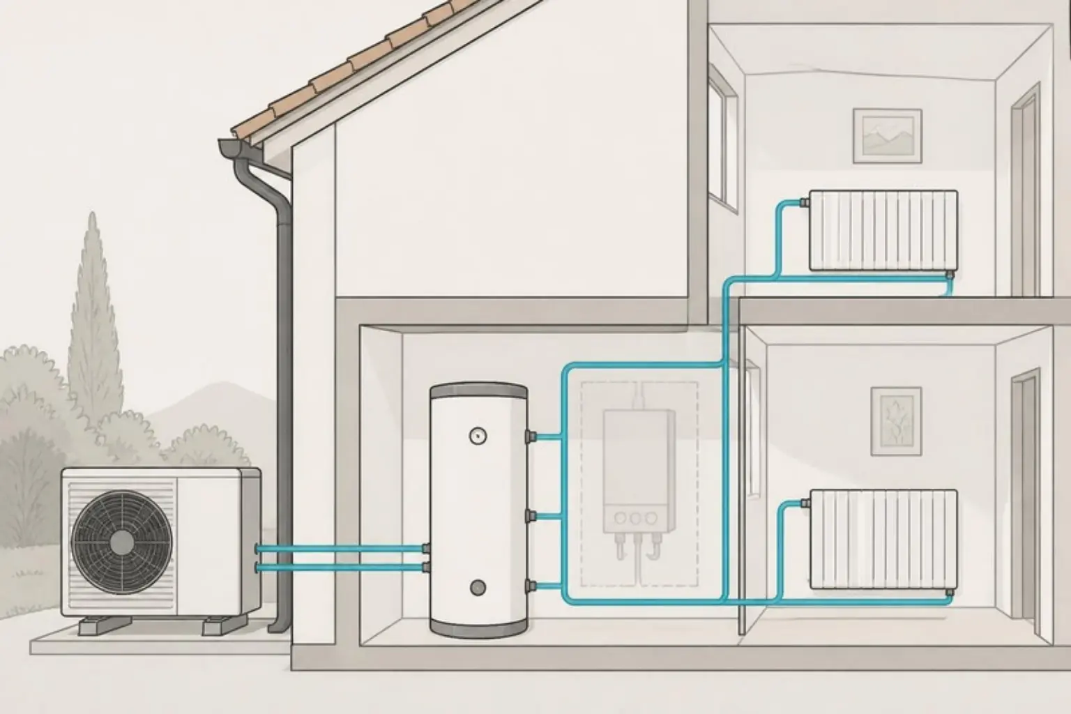 Illustrazione di una casa in sezione con la pompa di calore esterna collegata al bollitore dell'acqua calda e ai radiatori, al posto della vecchia caldaia