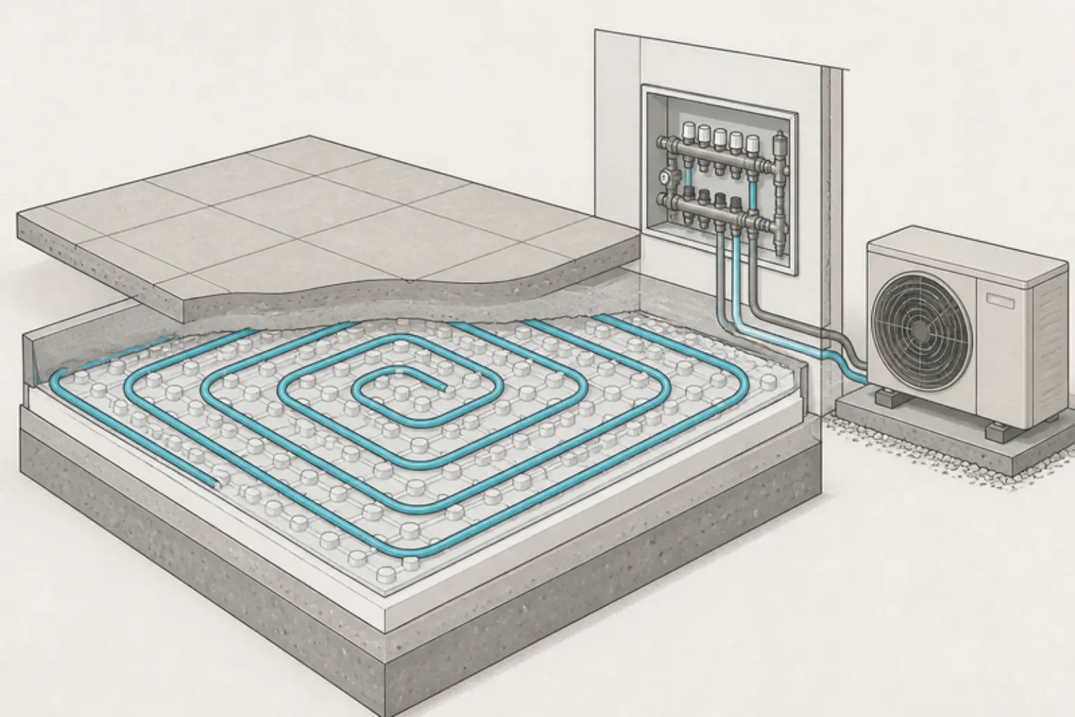 Illustrazione in sezione di un riscaldamento a pavimento: solaio, pannello isolante bugnato, tubo posato a spirale, massetto e piastrelle, con il collettore a parete e la pompa di calore esterna