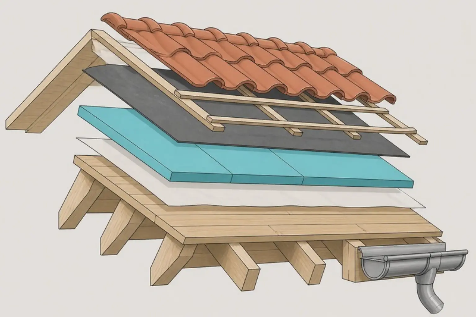 Illustrazione in sezione di un tetto ventilato e isolato: travi, tavolato, freno al vapore, pannelli in fibra di legno, telo traspirante, listelli e tegole